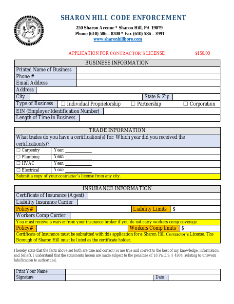 First page of the Contractor’s License Application