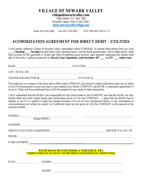 First page of the Authorization Agreement for Direct Debit – Utilities