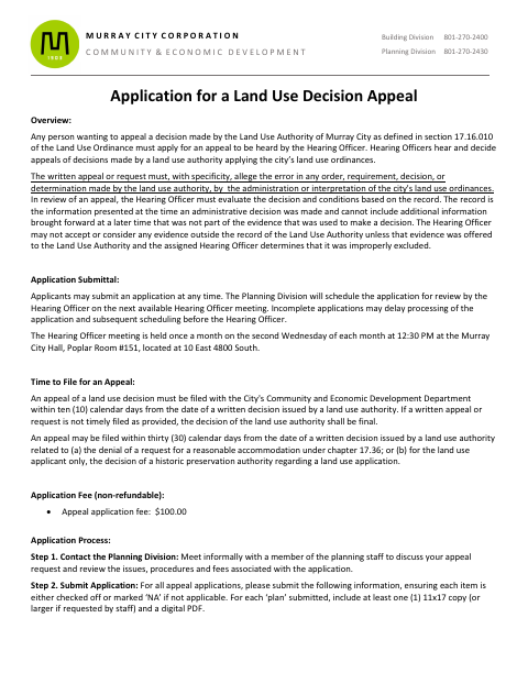 First page of the Land Use Decision Appeal Application