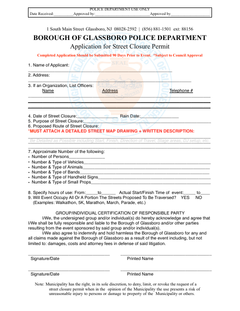 First page of the Application for Street Closure Permit
