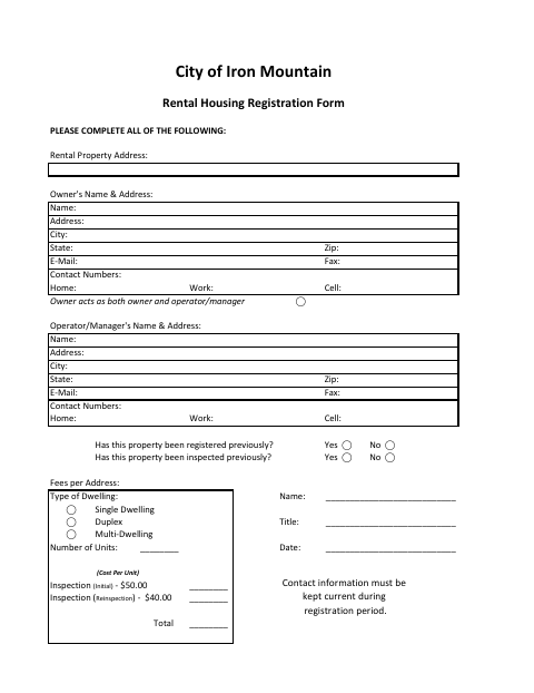 First page of the Rental Housing Registration Form