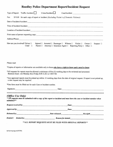 First page of the Police Report/Incident Request Form