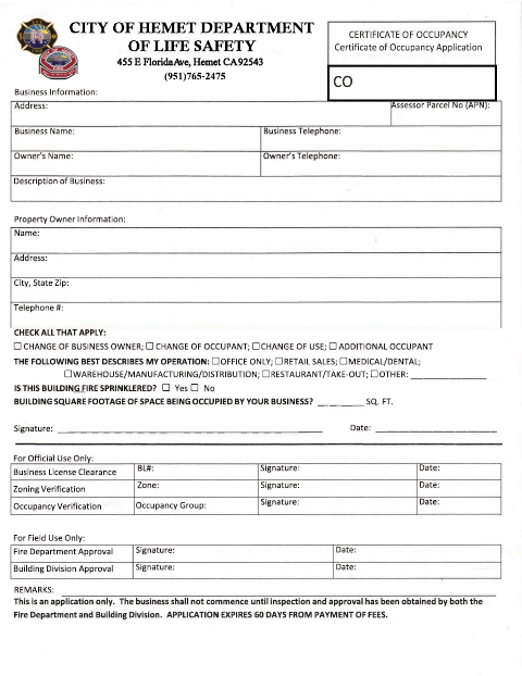 First page of the Certificate Of Occupancy