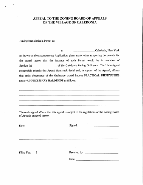 First page of the Zoning Board of Appeals Application