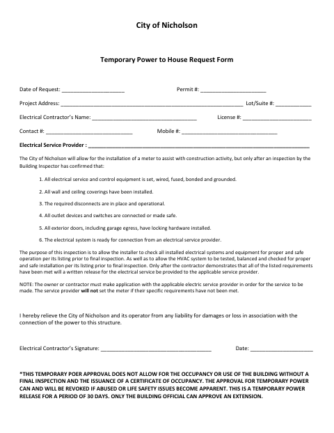 First page of the Temporary Power to House Request Form