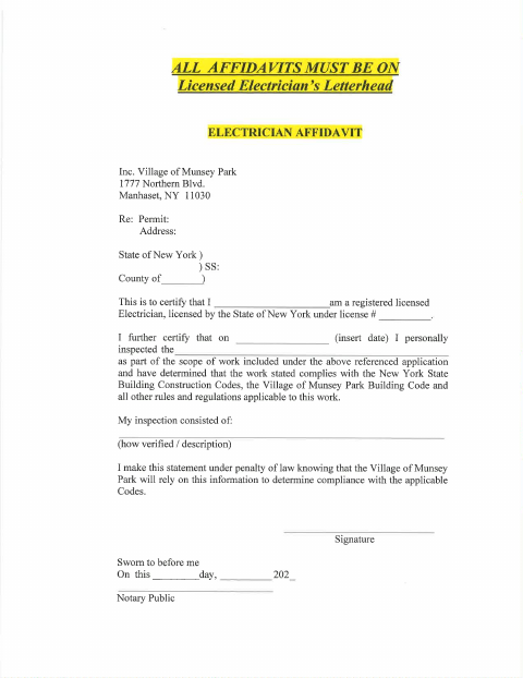 First page of the Electrician Affidavit