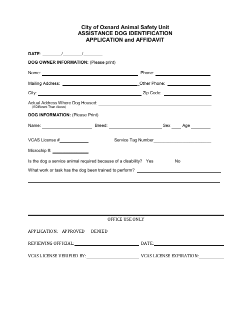 First page of the Assistance Dog Identification Application and Affidavit
