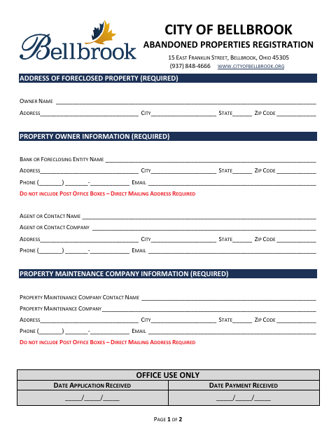 First page of the Abandoned Properties Registration Form