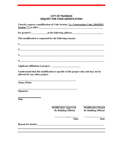 First page of the Request for Code Modification