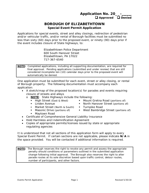 First page of the Special Event Permit Application