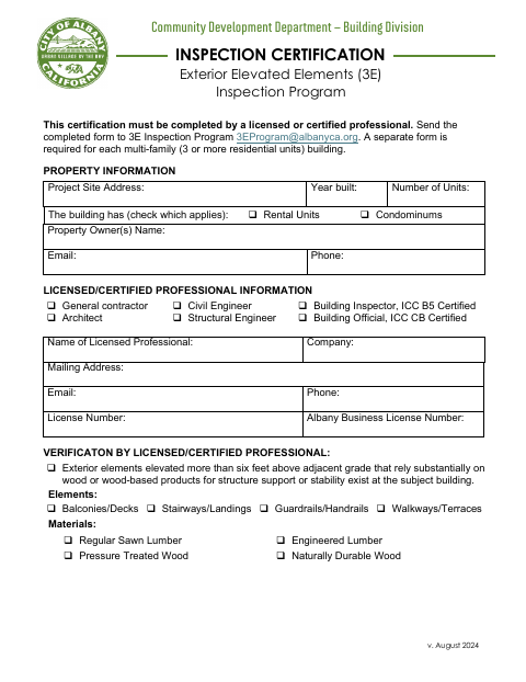 First page of the Inspection Certification
