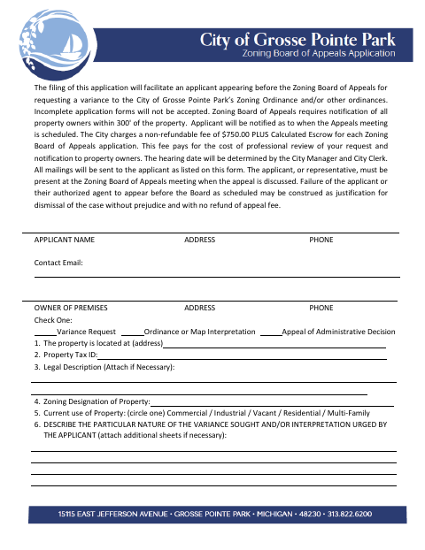First page of the Zoning Board of Appeals Application