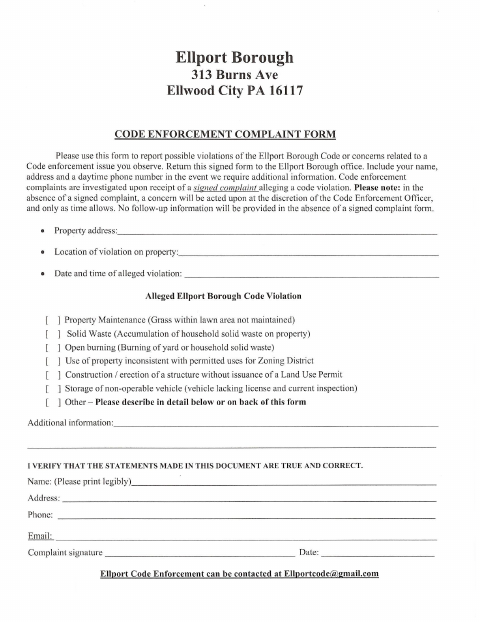 First page of the Code Enforcement Complaint Form