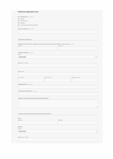 First page of the Subdivision Application Form