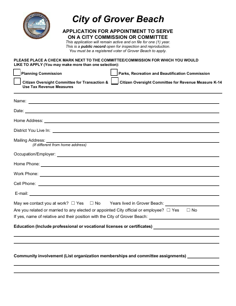 First page of the Application for Appointment to Serve on a City Commission or Committee