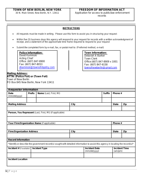 First page of the Freedom of Information Act Application for Access to Public/Law Enforcement Records