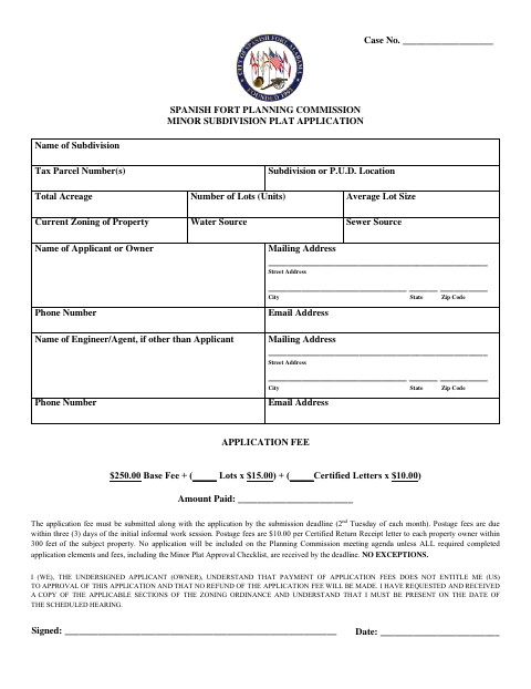 First page of the Minor Subdivision Plat Application