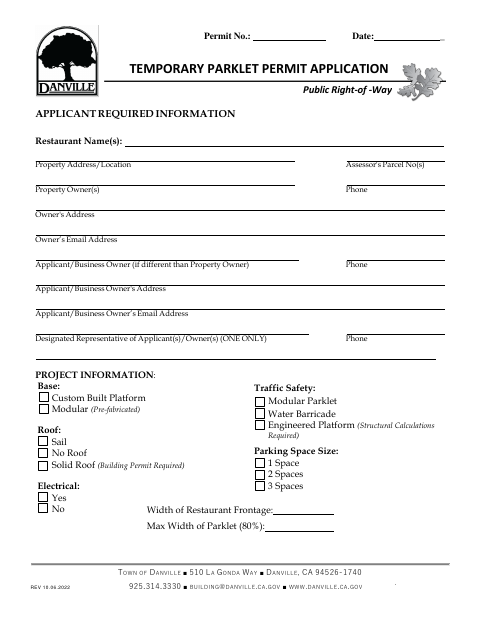 First page of the Temporary Parklet Permit Application