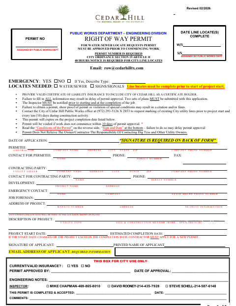 First page of the Right-of-Way Permit