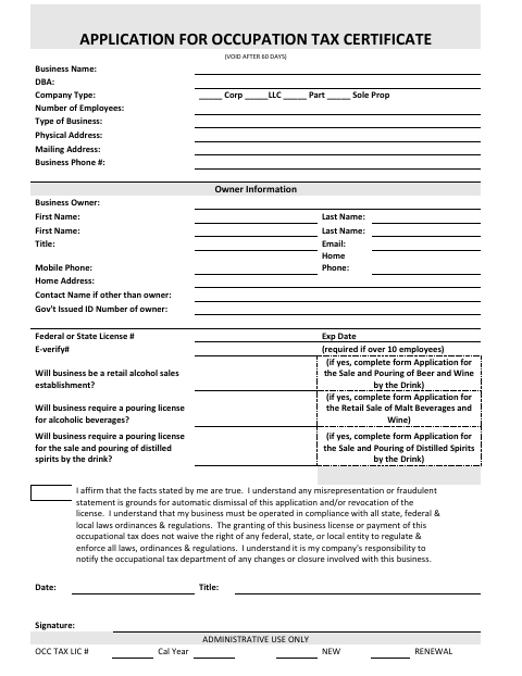 First page of the Application for Occupation Tax Certificate