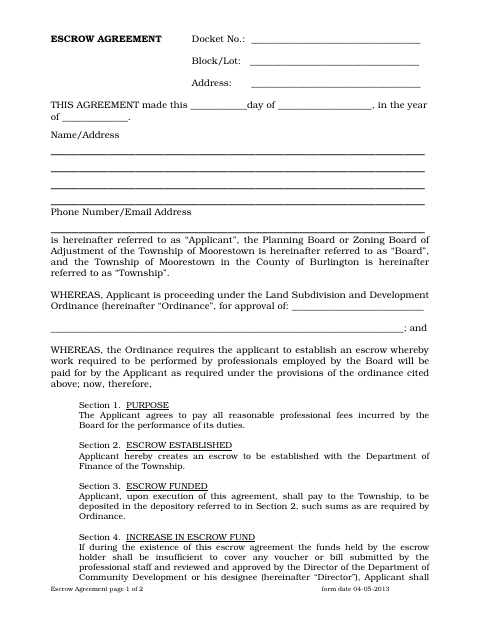First page of the Escrow Agreement