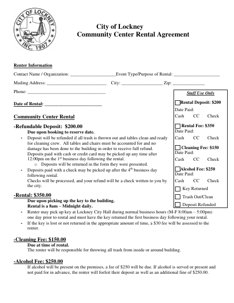 First page of the Community Center Rental Agreement