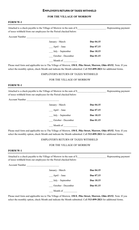 First page of the Employer's Return of Taxes Withheld Form W-1