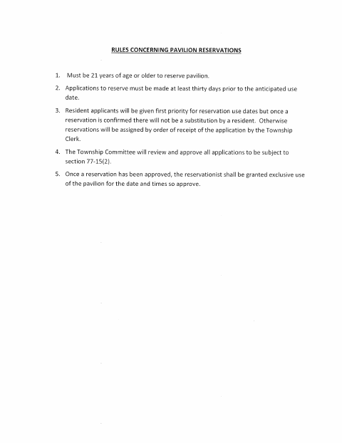 First page of the Pavilion Reservation Application