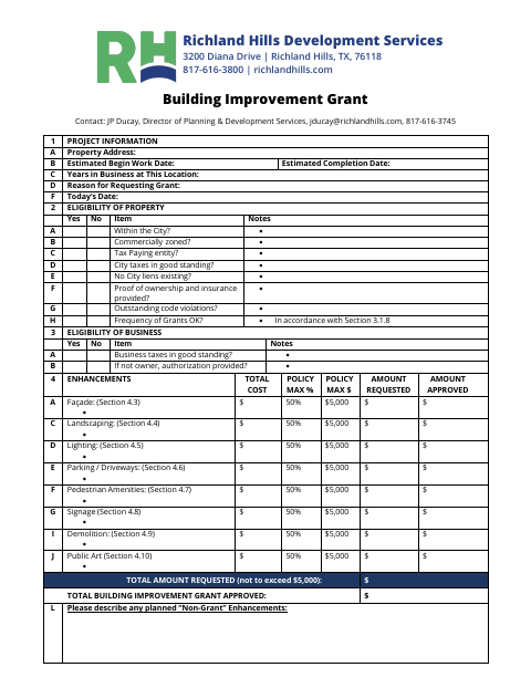 First page of the Building Improvement Grant Application