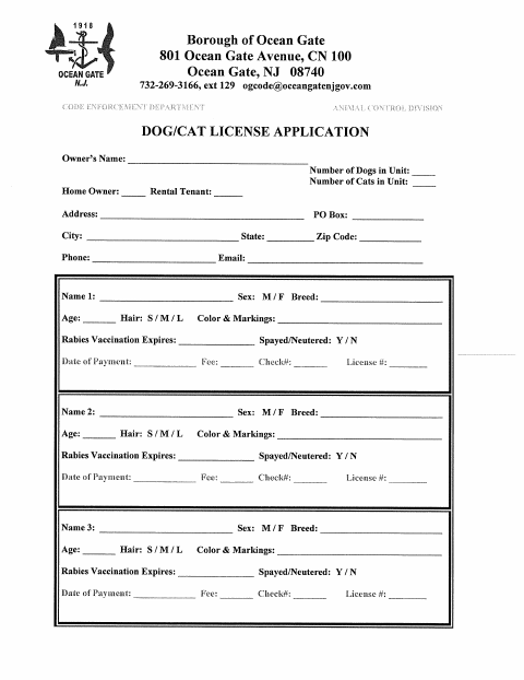 First page of the Dog/Cat License Application