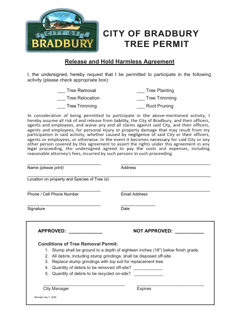 First page of the Tree Permit Release and Hold Harmless Agreement