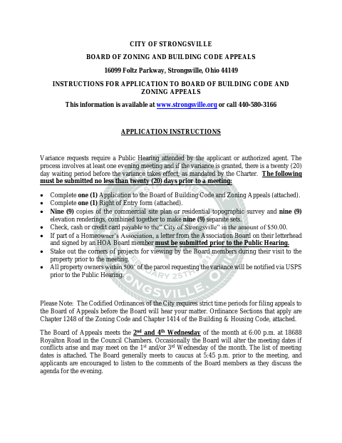 First page of the Variance Application – Board of Zoning Appeals