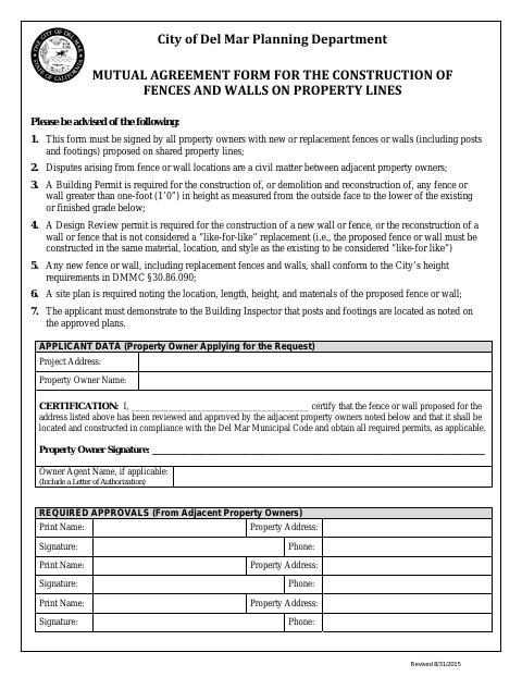 First page of the Mutual Agreement Form for the Construction of Fences and Walls on Property Lines