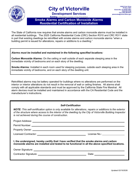 First page of the Smoke Alarms and Carbon Monoxide Alarms Residential Certification of Installation