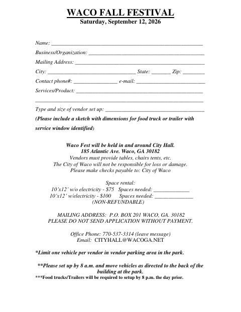 First page of the Waco Fest Vendor Application 2026