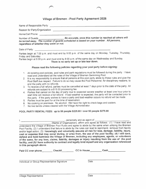 First page of the Pool Party Agreement 2026
