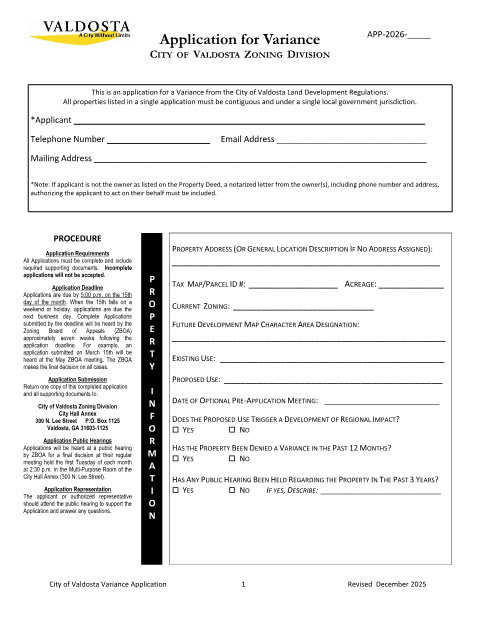 First page of the Variance Application