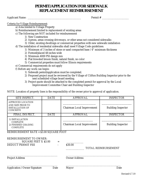 First page of the Permit/Application for Sidewalk Replacement Reimbursement