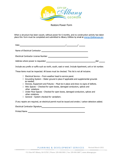 First page of the Restore Power Form