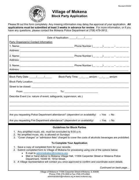 First page of the Block Party Application
