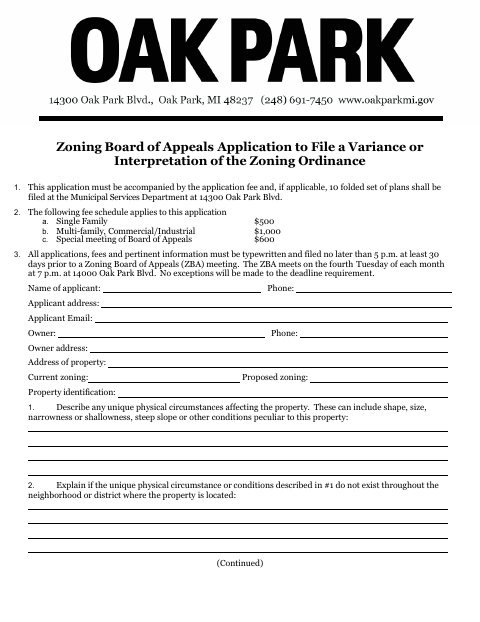 First page of the Zoning Board of Appeals Variance or Interpretation Application