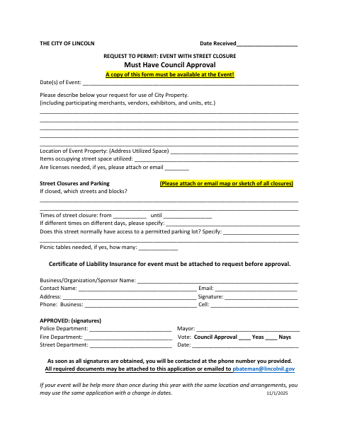 First page of the Request to Permit: Event With Street Closure