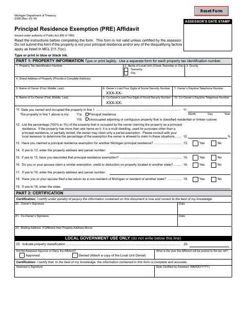 First page of the Principal Residence Exemption (PRE) Affidavit