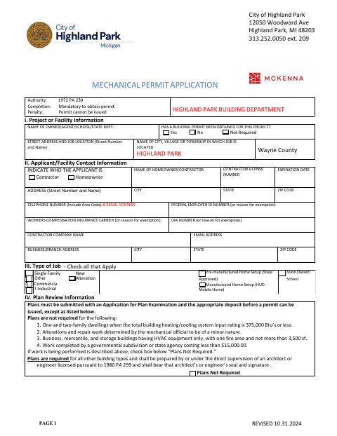 First page of the Mechanical Permit Application