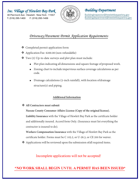 First page of the Driveway Pavement Permit Application