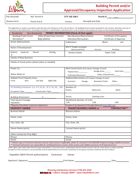 First page of the Building Permit and/or Approval/Occupancy Inspection Application