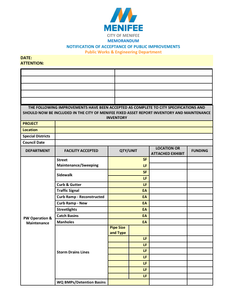 First page of the Notification of Acceptance of Public Improvements