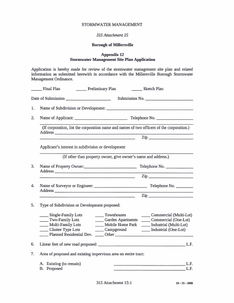 First page of the Stormwater Management Site Plan Application