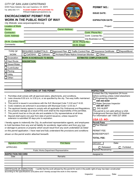 First page of the Encroachment Permit for Work in the Public Right of Way