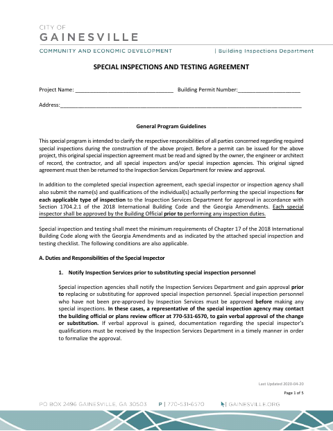 First page of the Special Inspections and Testing Agreement